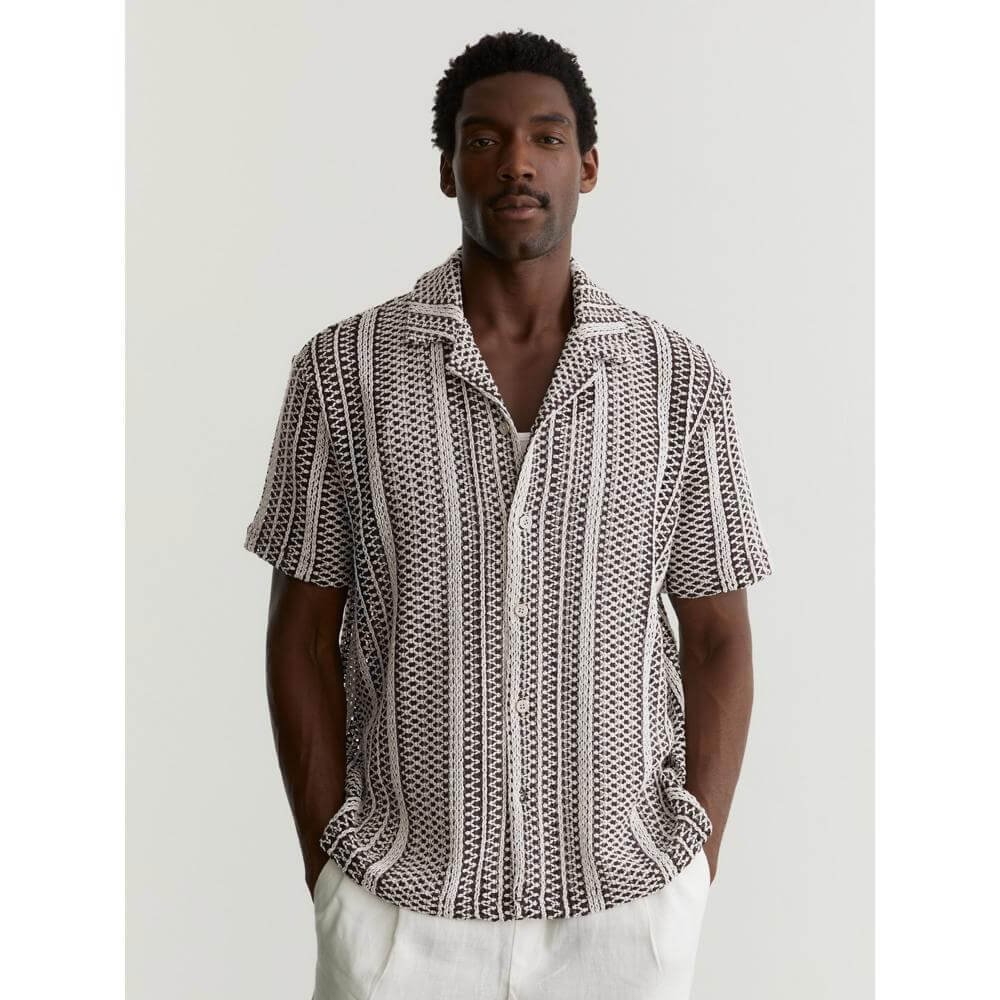 REISS Aetos Crochet Stripe Cuban-Collar Shirt